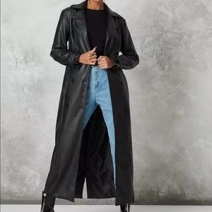 Missguided Black Faux Leather Belted Trench Coat (Size: US 4)